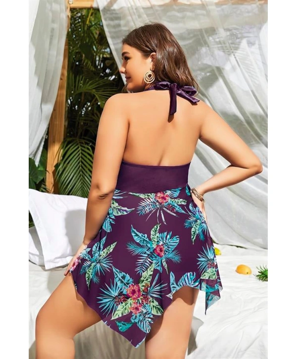 Morliva  Büyük Beden Mor Üstüne Çiçek Desenli Boyundan Bağlamalı Elbise