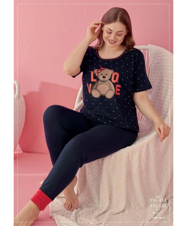 Morliva Büyük Beden Pamuklu Love Bear Ayıcık Desenli Lacivert Kısa Kol Pijama Takımı