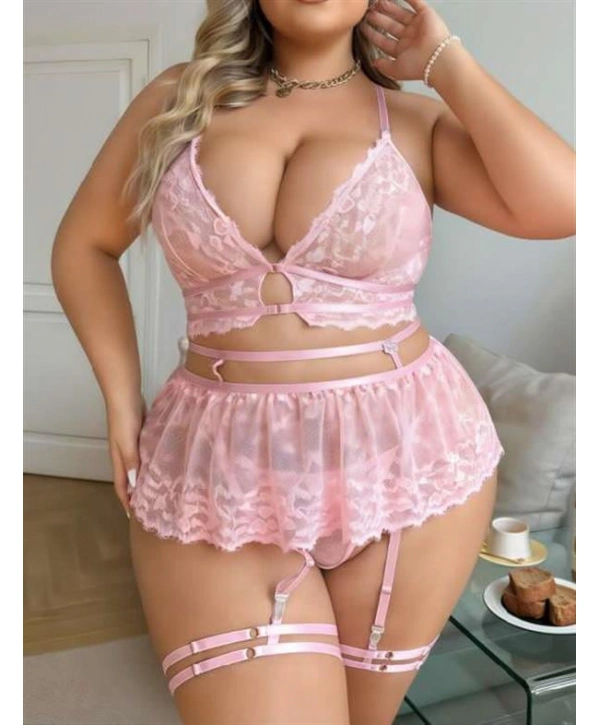 Morliva Büyük Beden Pembe Dantel İşlemeli Jartiyer Takımı