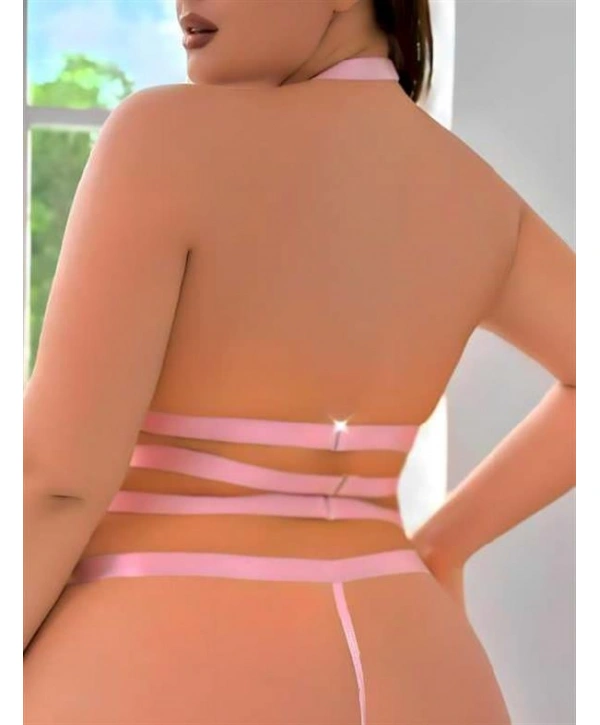 Morliva  Büyük Beden Pembe Dantel İşlemeli Zincir Detaylı Jartiyer Takımı