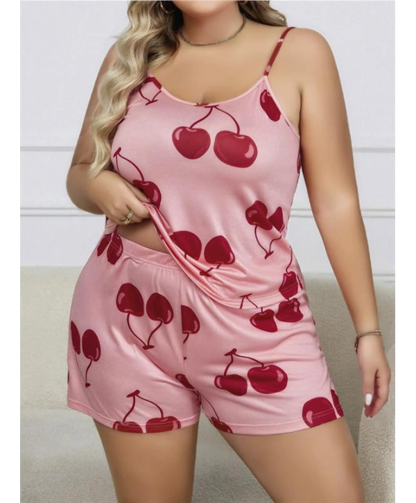 Morliva  Büyük Beden Pembe Kiraz Desen İnce Askılı Pamuklu Şortlu Pijama Takımı