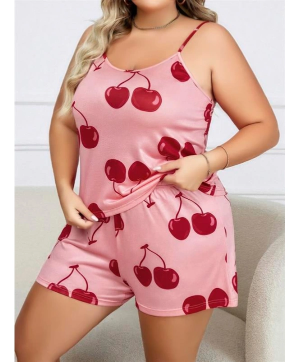 Morliva  Büyük Beden Pembe Kiraz Desen İnce Askılı Pamuklu Şortlu Pijama Takımı