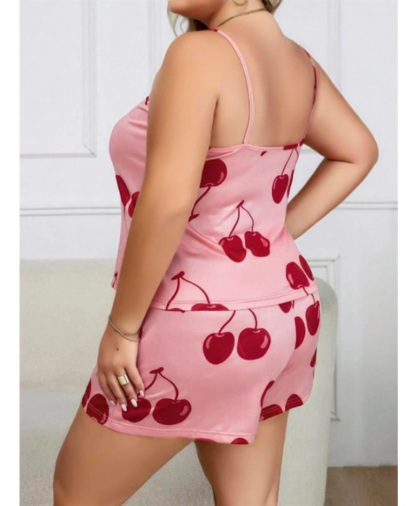 Morliva  Büyük Beden Pembe Kiraz Desen İnce Askılı Pamuklu Şortlu Pijama Takımı