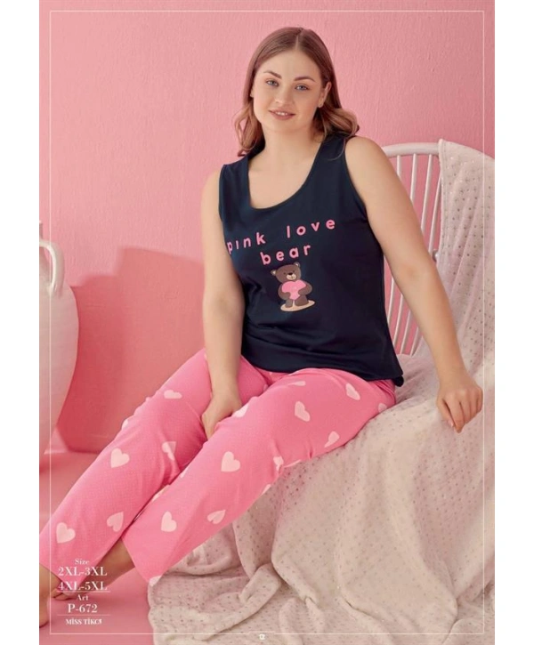 Morliva Büyük Beden Pink Love Bear Kalp ve Ayıcık Desenli Pembe Kısa Kol Pijama Takımı