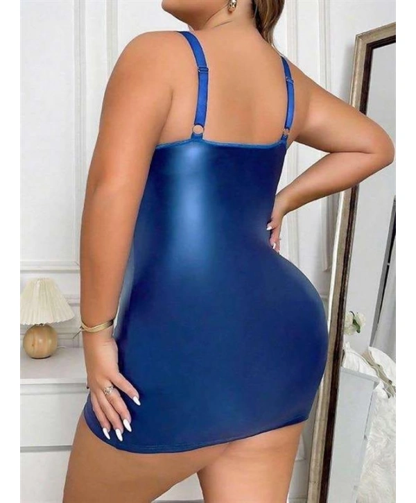 Morliva Büyük Beden Saks Deri Dantelli Fermuarlı Fantezi Elbise