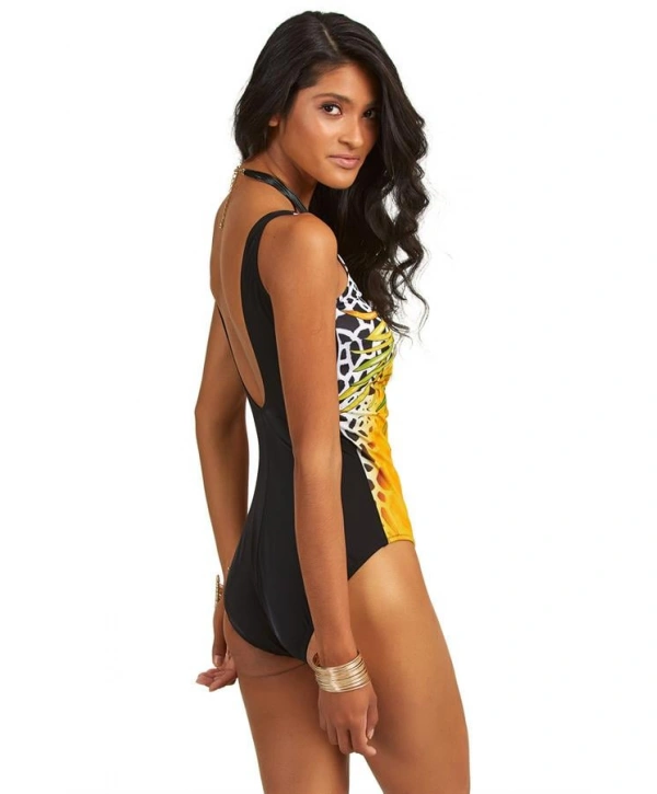 Morliva Büyük Beden Sarı Desenli Kruvaze Mayo