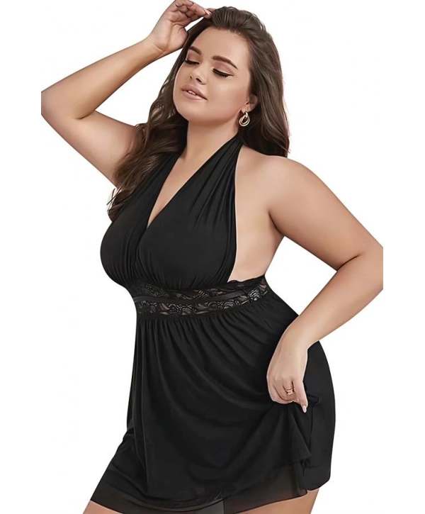 Morliva  Büyük Beden Siyah Dantel İşlemeli Boyundan Bağlamalı Fantezi Tül Gecelik