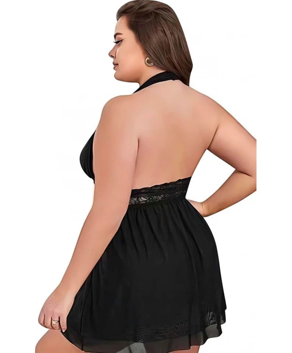 Morliva  Büyük Beden Siyah Dantel İşlemeli Boyundan Bağlamalı Fantezi Tül Gecelik