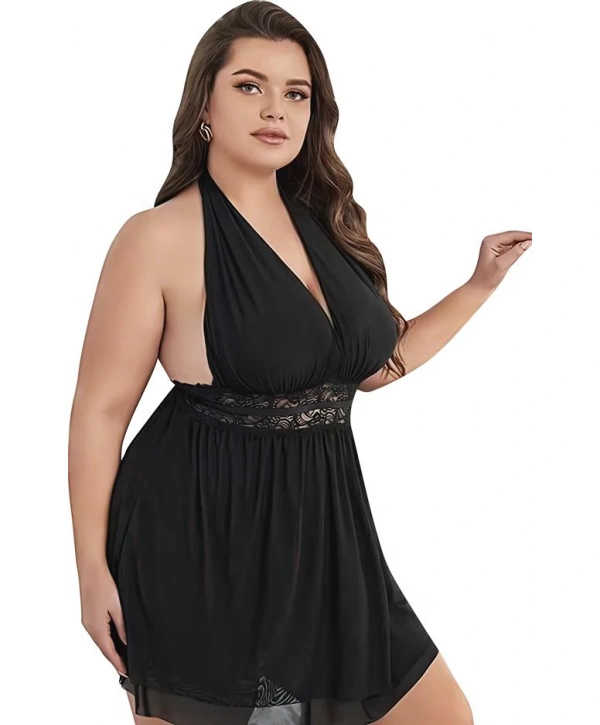 Morliva  Büyük Beden Siyah Dantel İşlemeli Boyundan Bağlamalı Fantezi Tül Gecelik