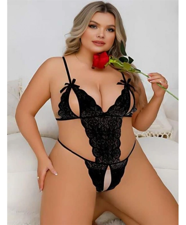 Morliva Büyük Beden Siyah Dantel İşlemeli Dekolteli Fantezi Babydoll