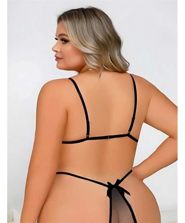 Morliva Büyük Beden Siyah Dantel İşlemeli Dekolteli Fantezi Babydoll