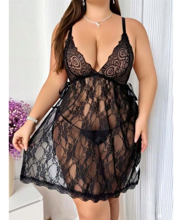 Morliva Büyük Beden Siyah Dantel İşlemeli Fantezi Tül Gecelik