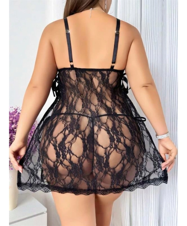 Morliva Büyük Beden Siyah Dantel İşlemeli Fantezi Tül Gecelik