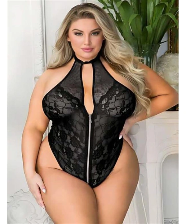 Morliva  Büyük Beden Siyah Dantel İşlemeli Fermuarlı Fantezi Babydoll