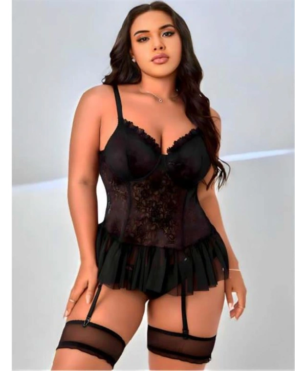 Morliva Büyük Beden Siyah Dantel İşlemeli Fırfırlı Jartiyer Takımı