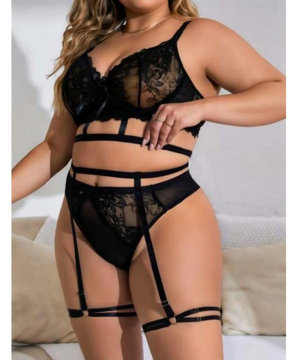 Morliva Büyük Beden Siyah Dantel İşlemeli İpli Fantezi Jartiyer Takımı