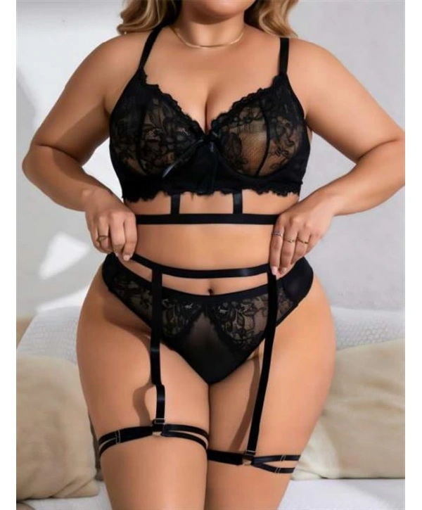 Morliva Büyük Beden Siyah Dantel İşlemeli İpli Fantezi Jartiyer Takımı