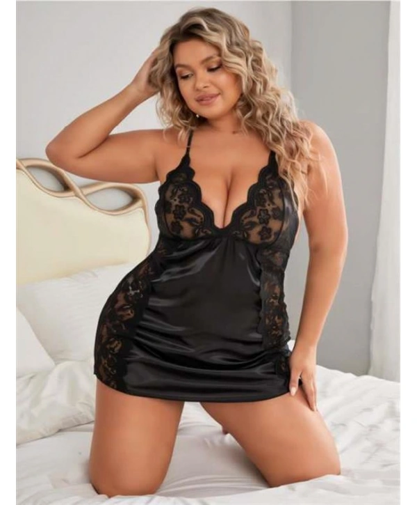 Morliva Büyük Beden Siyah Dantel İşlemeli Saten Gecelik