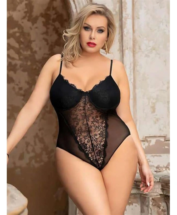 Morliva  Büyük Beden Siyah Dantel İşlemeli Tül Fantezi Babydoll