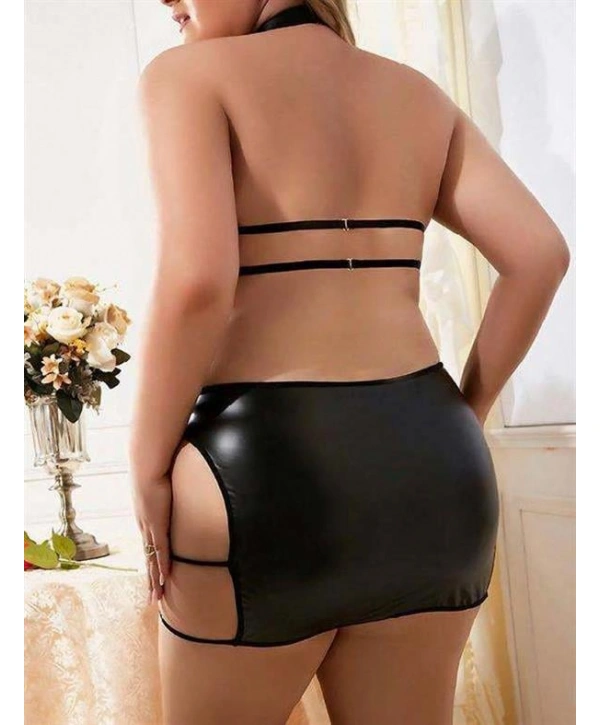 Morliva Büyük Beden Siyah Deri Boyundan Bağlamalı Fantezi Elbise