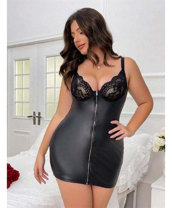 Morliva  Büyük Beden Siyah Deri Dantelli Fermuarlı Fantezi Elbise