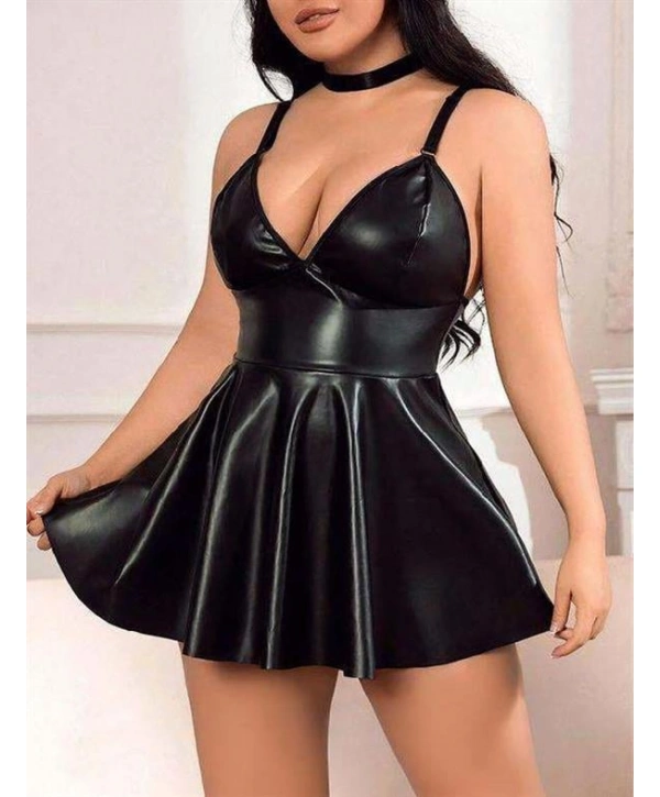 Morliva Büyük Beden Siyah Deri Fantezi Elbise