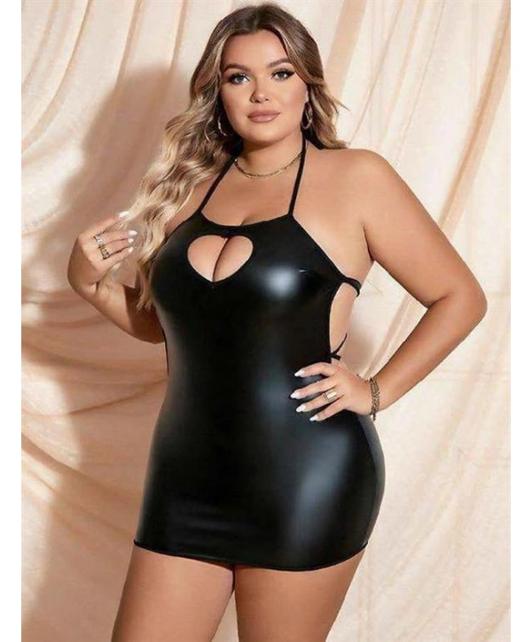 Morliva Büyük Beden Siyah Deri Göğüs Dekolteli Fantezi Elbise