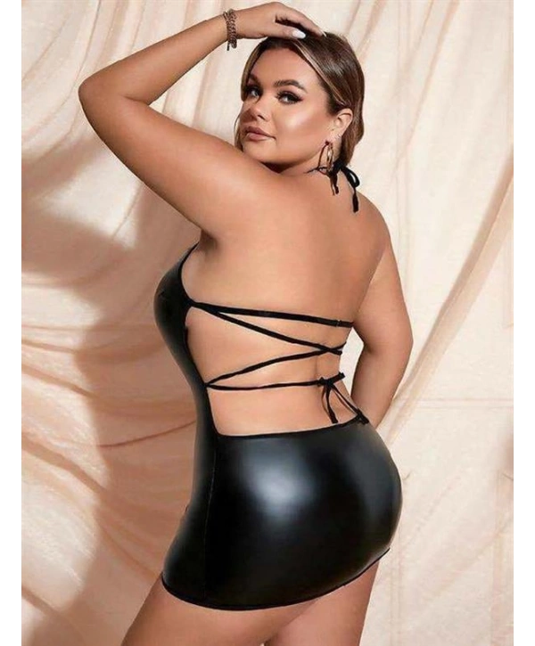 Morliva Büyük Beden Siyah Deri Göğüs Dekolteli Fantezi Elbise