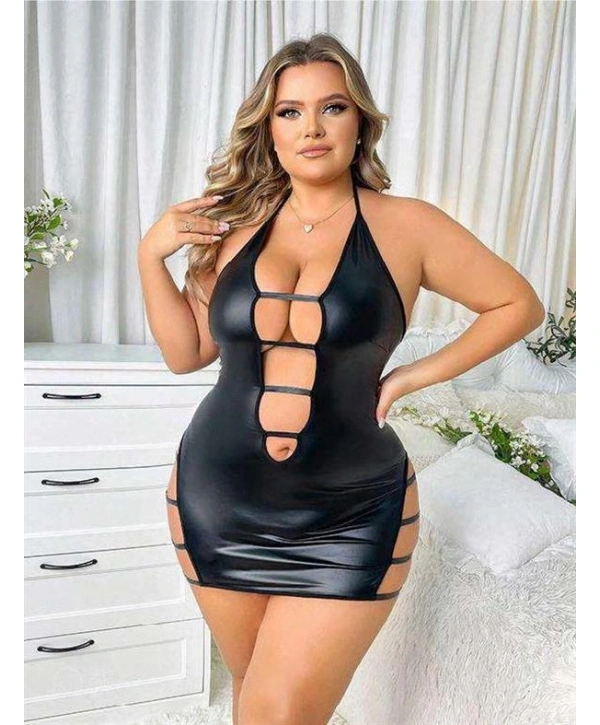 Morliva Büyük Beden Siyah Deri İp Detaylı Fantezi Elbise