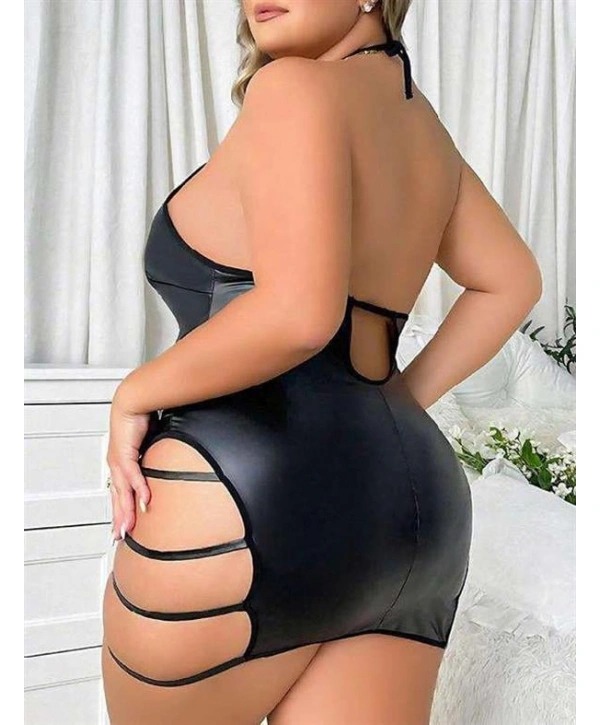 Morliva Büyük Beden Siyah Deri İp Detaylı Fantezi Elbise