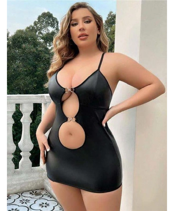 Morliva Büyük Beden Siyah Deri Metal Aksesuarlı Fantezi Elbise