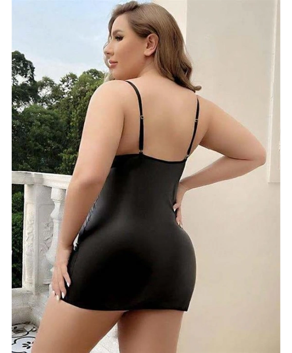 Morliva Büyük Beden Siyah Deri Metal Aksesuarlı Fantezi Elbise