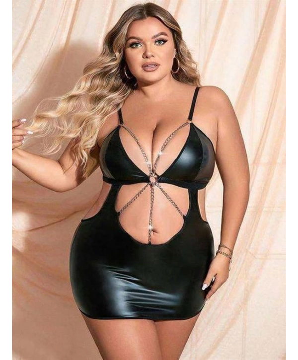 Morliva  Büyük Beden Siyah Deri Zincir Aksesuarlı Fantezi Elbise