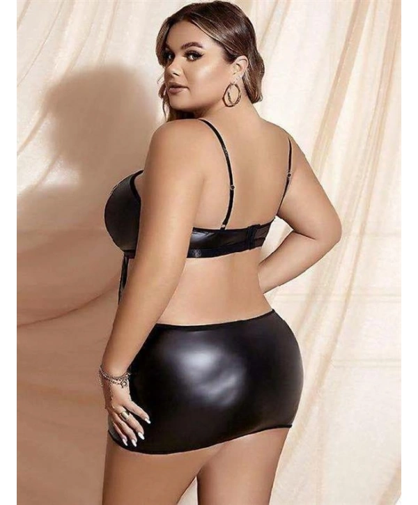 Morliva  Büyük Beden Siyah Deri Zincir Aksesuarlı Fantezi Elbise