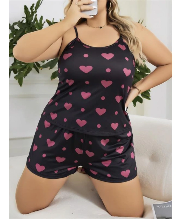 Morliva  Büyük Beden Siyah Kalp Desen İnce Askılı Pamuklu Şortlu Pijama Takımı