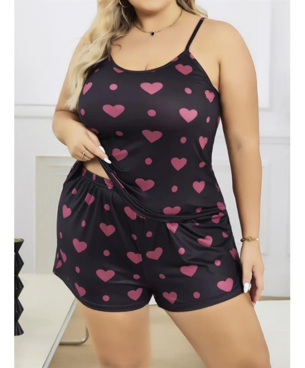 Morliva  Büyük Beden Siyah Kalp Desen İnce Askılı Pamuklu Şortlu Pijama Takımı