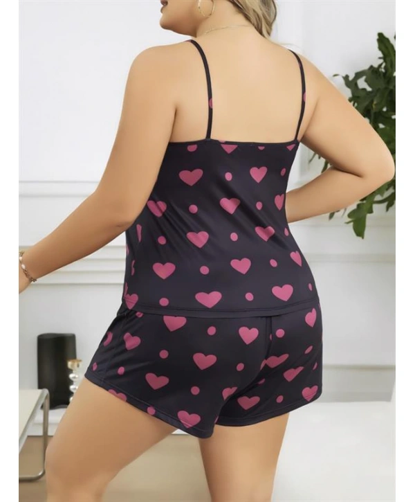Morliva  Büyük Beden Siyah Kalp Desen İnce Askılı Pamuklu Şortlu Pijama Takımı