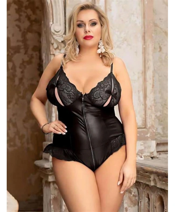 Morliva  Büyük Beden Siyah Parlak Dantel İşlemeli Fermuarlı Fantezi Babydoll