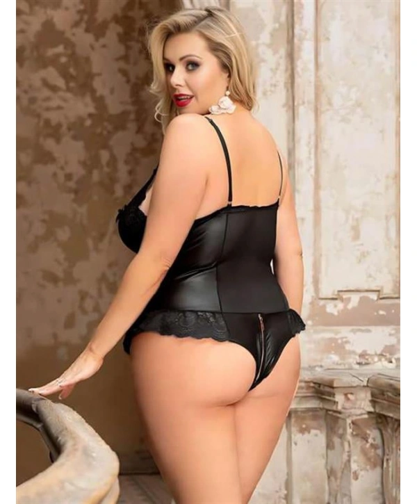 Morliva  Büyük Beden Siyah Parlak Dantel İşlemeli Fermuarlı Fantezi Babydoll