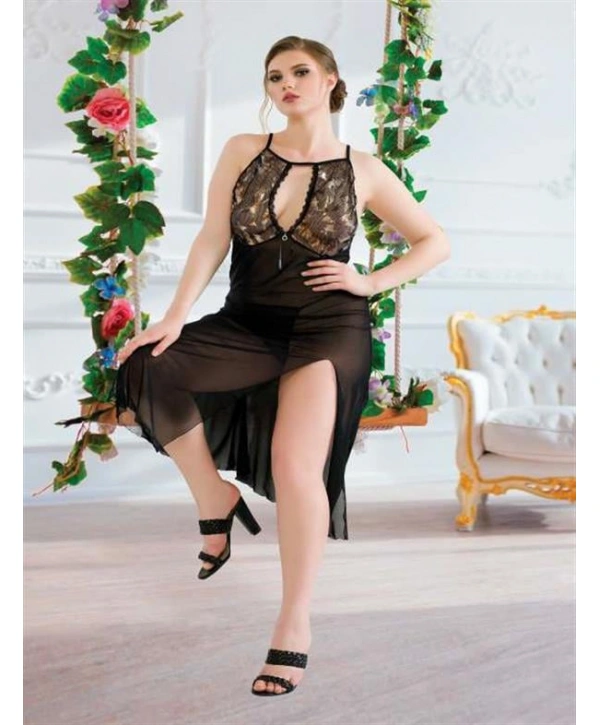 Morliva  Büyük Beden Siyah Tül Fantezi Uzun Yırtmaçlı Gecelik