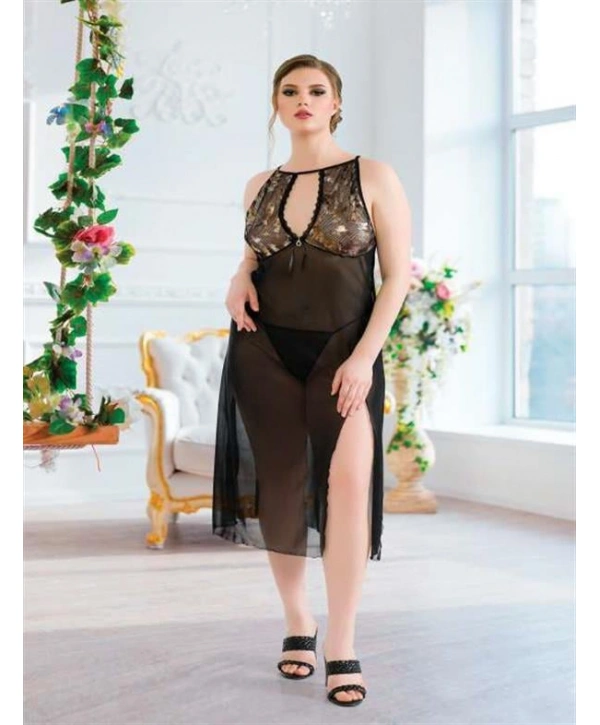 Morliva  Büyük Beden Siyah Tül Fantezi Uzun Yırtmaçlı Gecelik