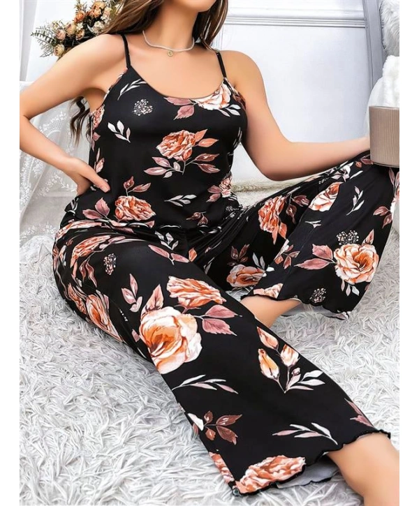 Morliva  Büyük Beden Siyah Üstüne Çiçek Desenli İnce Askılı 2li Pijama Takımı