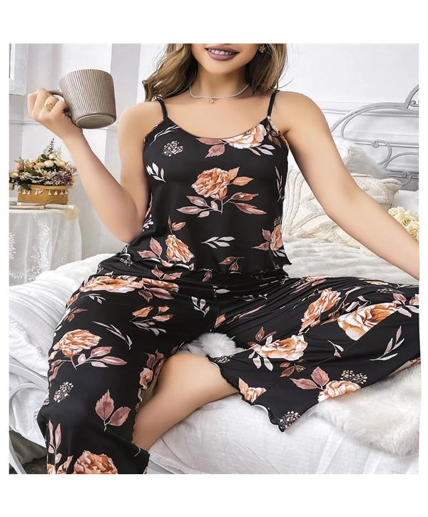 Morliva  Büyük Beden Siyah Üstüne Çiçek Desenli İnce Askılı 2li Pijama Takımı