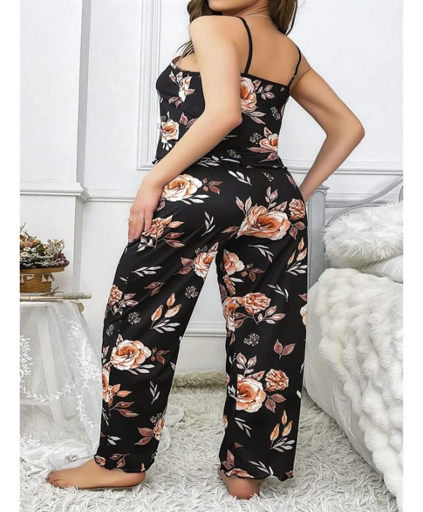Morliva  Büyük Beden Siyah Üstüne Çiçek Desenli İnce Askılı 2li Pijama Takımı
