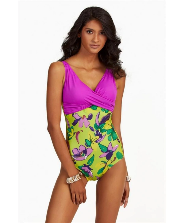 Morliva  Büyük Beden Yeşil Çiçek Desenli Drapeli Mayo