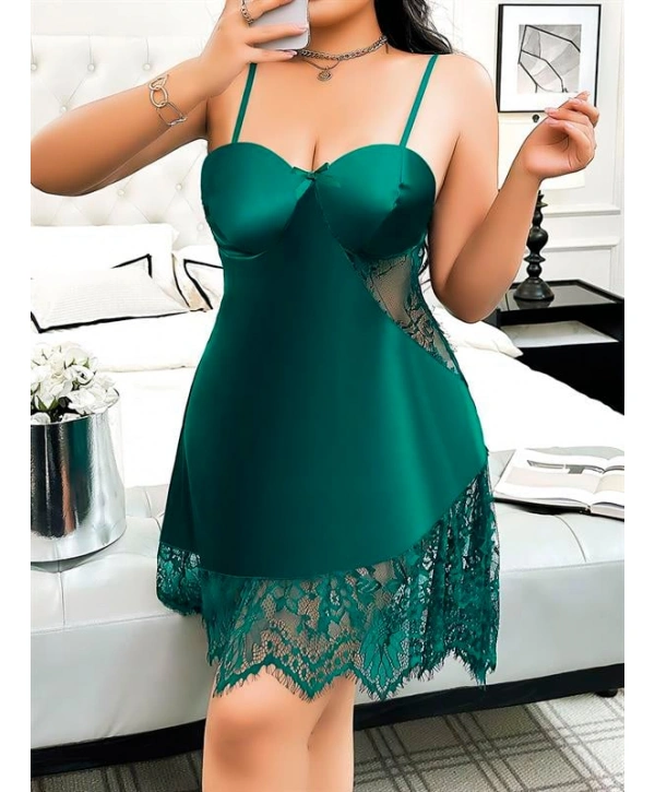 Morliva  Büyük Beden Yeşil Dantel İşlemeli İnce Askılı Fantezi Gecelik