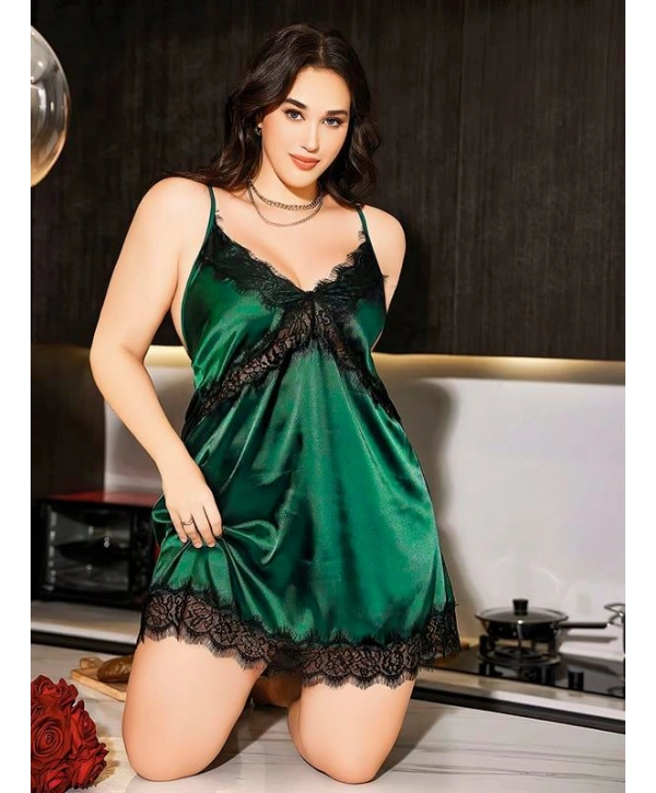 Morliva  Büyük Beden Yeşil Dantel İşlemeli İnce Askılı Saten Fantezi Gecelik