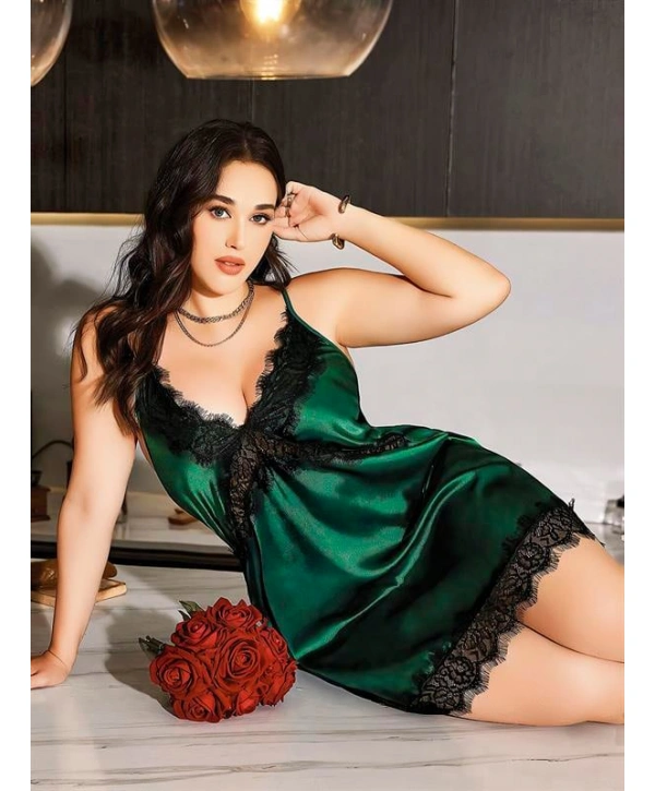 Morliva  Büyük Beden Yeşil Dantel İşlemeli İnce Askılı Saten Fantezi Gecelik