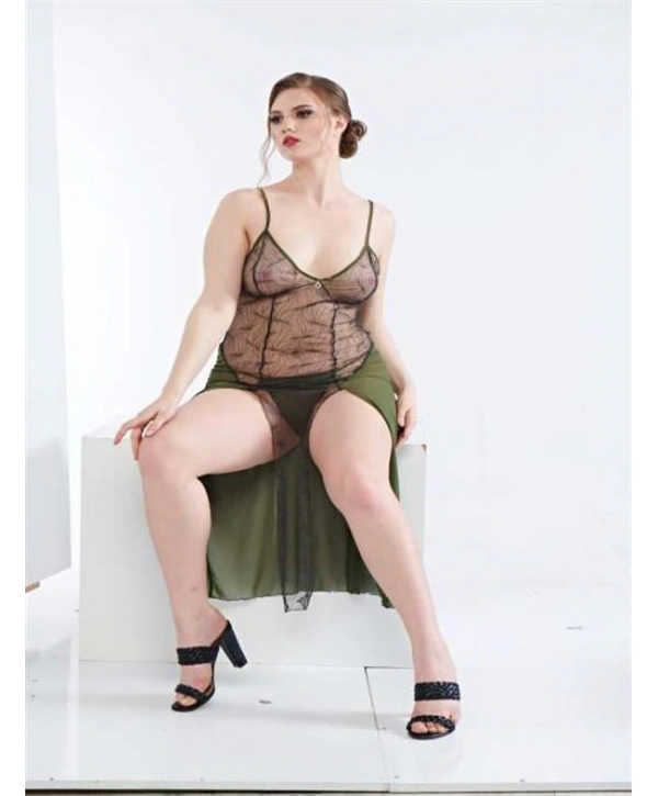 Morliva Büyük Beden Yeşil Dantelli Tül Fantezi Uzun Yırtmaçlı Gecelik