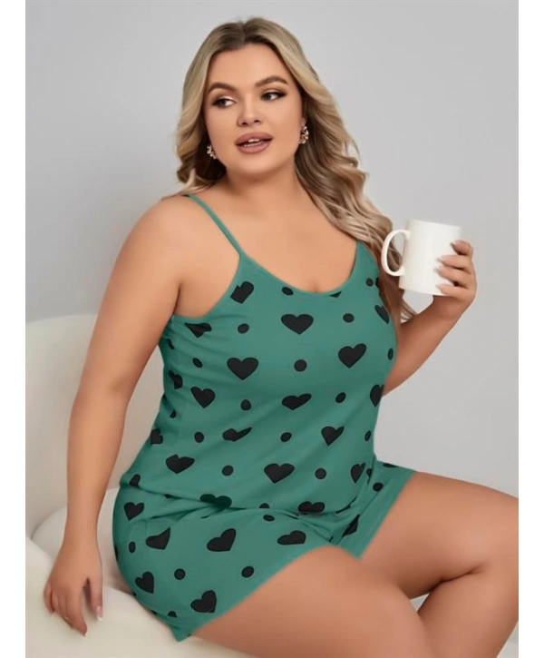 Morliva  Büyük Beden Yeşil Kalp Desen Pamuklu Şortlu Pijama Takımı